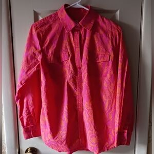 Talbots 100 Percent Cotton Shirt Pink and Orange Hawaian Tropical Pattern